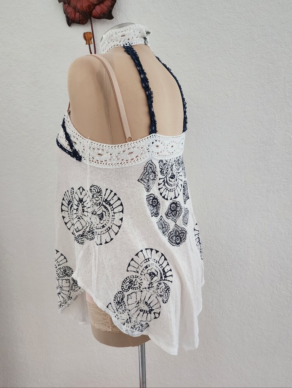 FREE PEOPLE | White Crochet Halter Tank Top with Navy Print - Picture 7 of 13